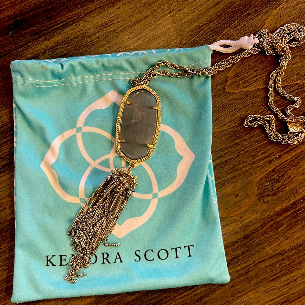 Kendra Scott Smokey stone long necklace with gold chain and fringe